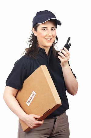 Courier woman delivering a package fragile on white background Stock Photo - Budget Royalty-Free & Subscription, Code: 400-04117987