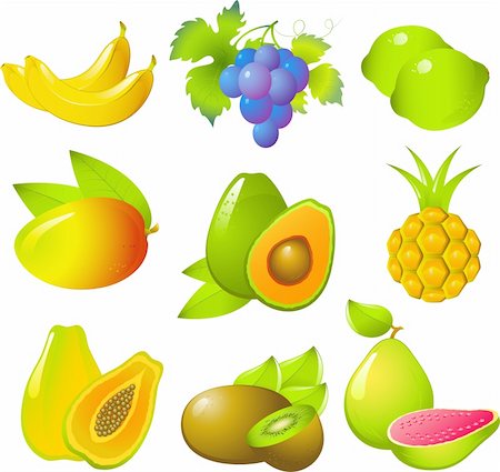 Vector images of beautiful exotic fruits: bananas, grapes, lime, mango, avocado, pineapple, papaya, kiwi and guava! Isolated on white. Stock Photo - Budget Royalty-Free & Subscription, Code: 400-04118122