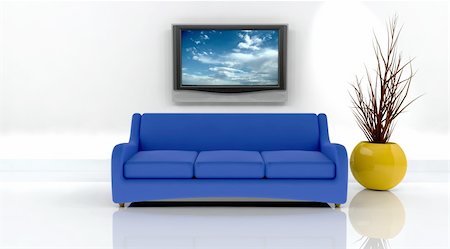 elegant tv room - 3d render of sofa and television on the wall Foto de stock - Super Valor sin royalties y Suscripción, Código: 400-04118686