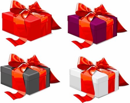 simsearch:400-03975392,k - Four different color Gift boxes with  red bow Foto de stock - Royalty-Free Super Valor e Assinatura, Número: 400-04119205