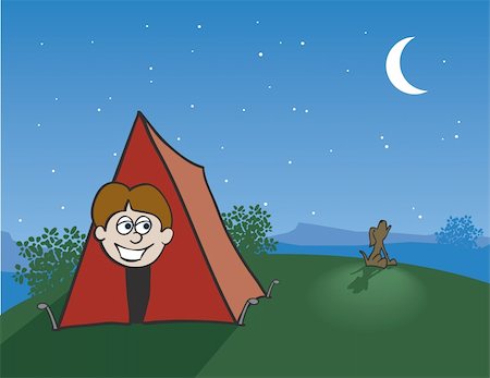 Illustration of a boy peeking out of his tent while a coyote howls at the moon. Foto de stock - Super Valor sin royalties y Suscripción, Código: 400-04119744