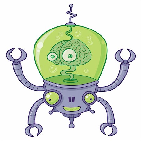 Vector cartoon illustration of a robot with a large brain with eyes in green liquid. BrainBot has four long arms with claws. Stock Photo - Budget Royalty-Free & Subscription, Code: 400-04119778