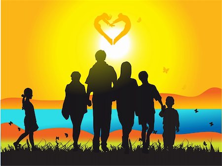 Happy family walks on nature, sunset Stock Photo - Budget Royalty-Free & Subscription, Code: 400-04110339