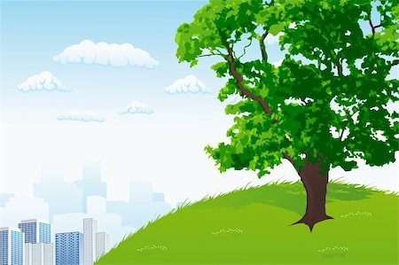 simsearch:400-04087405,k - Green Tree with city panorama and cloudscape Photographie de stock - Aubaine LD & Abonnement, Code: 400-04110707