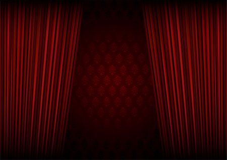 Red curtains being withdrawn reveling victorian styled red wallpaper. Stock Photo - Budget Royalty-Free & Subscription, Code: 400-04111099