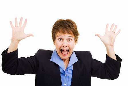 panic - Business woman terrified by the economy or bad news coming.  Isolated on white. Stock Photo - Budget Royalty-Free & Subscription, Code: 400-04111288