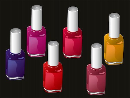 simsearch:400-05197765,k - Six bottles of nail polish in various bright colors on a black background. Photographie de stock - Aubaine LD & Abonnement, Code: 400-04111898