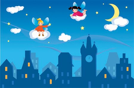 rooftop cityscape night - Two little fairies are holding golden shining stars. They are sitting on clouds flowing in the night sky. Moon and stars are shining bright in the dark blue sky. A sleeping  city lies beneath. Stock Photo - Budget Royalty-Free & Subscription, Code: 400-04111900