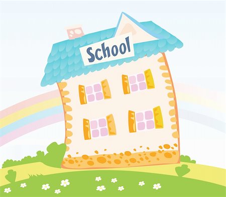 Back to childhood – vector Illustration of School building with blue roof. Colorful Rainbow in background. Foto de stock - Super Valor sin royalties y Suscripción, Código: 400-04112827