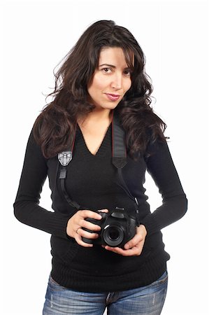 simsearch:400-04880707,k - Young woman photographer holding a photo camera, isolated over white background Foto de stock - Royalty-Free Super Valor e Assinatura, Número: 400-04113245