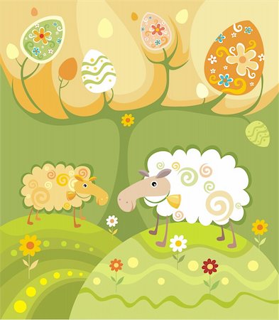 painted happy flowers - easter illustration with a two funny decorative sheeps Stock Photo - Budget Royalty-Free & Subscription, Code: 400-04113976