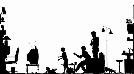 Foreground silhouette of a family in a living room with all elements as separate editable objects Stock Photo - Budget Royalty-Free & Subscription, Code: 400-04124269