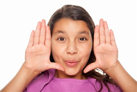 smiling young latina models - Pretty Hispanic Girl Framing Her Face with Hands Portrait Isolated on a White Background. Foto de stock - Super Valor sin royalties y Suscripción, Código: 400-04124324