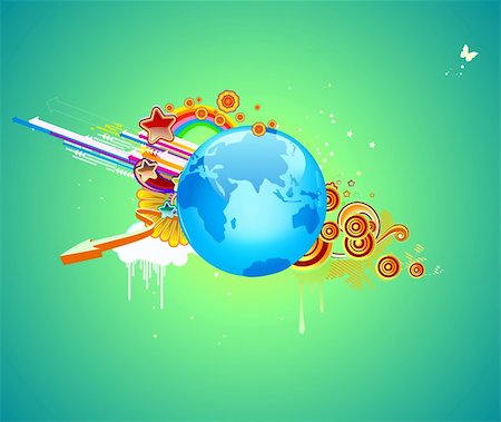 simsearch:400-05671830,k - Vector illustration of funky abstract background with globe, flowers, arrows and circles Foto de stock - Royalty-Free Super Valor e Assinatura, Número: 400-04125125