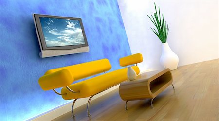 elegant tv room - 3d render of sofa and television on the wall Stock Photo - Budget Royalty-Free & Subscription, Code: 400-04125371