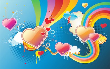 simsearch:400-07033341,k - Vector illustration of funky styled design background made of heart shapes, rainbow shapes and floral elements Foto de stock - Super Valor sin royalties y Suscripción, Código: 400-04125447