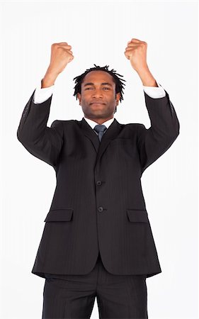 simsearch:400-04129711,k - Young  afro-american businessman with raised arms looking at the camera Stock Photo - Budget Royalty-Free & Subscription, Code: 400-04129258