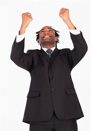 simsearch:400-04129711,k - Happy afro-american businessman with raised arms looking upwards Stock Photo - Budget Royalty-Free & Subscription, Code: 400-04129260