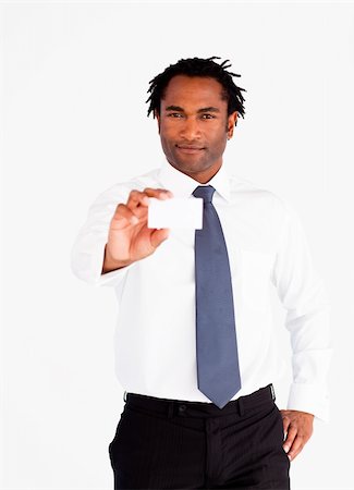 Serious afro-american businessman holding a blank white  card Stock Photo - Budget Royalty-Free & Subscription, Code: 400-04129723