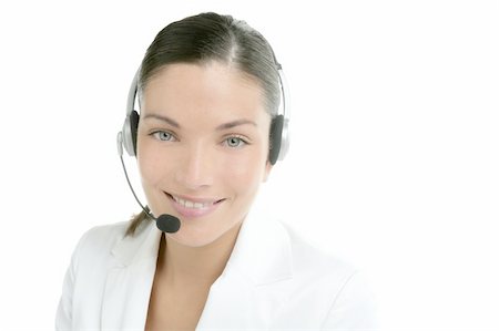 simsearch:400-04472832,k - Headset phone business woman dress in white studio shot Stock Photo - Budget Royalty-Free & Subscription, Code: 400-04129776
