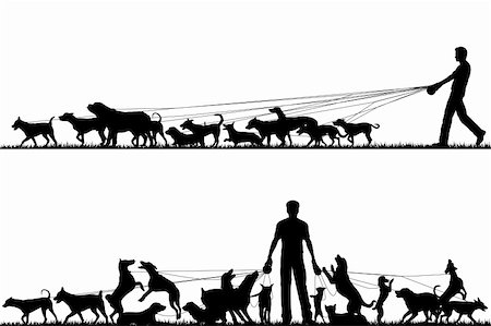 silhouettes man and dog - Two foreground silhouettes of a man walking many dogs with all elements as separate editable objects Stock Photo - Budget Royalty-Free & Subscription, Code: 400-04120217