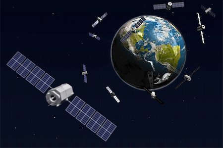 Satelite and earth. 3d illustration. Foto de stock - Super Valor sin royalties y Suscripción, Código: 400-04120355