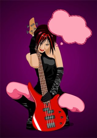 rock music clip art - Vector illustration of beautiful rock girl with red bass guitar, and speech bubble Foto de stock - Super Valor sin royalties y Suscripción, Código: 400-04120408