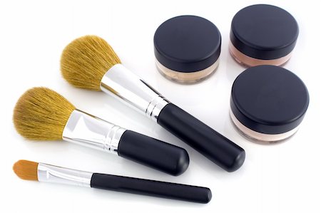 A set of three make-up brushes and three jars with mineral powder foundation.  Isolated on white background, with shadow. Stock Photo - Budget Royalty-Free & Subscription, Code: 400-04121481