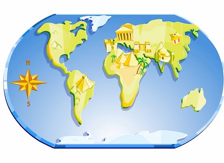 simsearch:400-04759736,k - Illustration. Map of the world with famous landmarks and compass. Stock Photo - Budget Royalty-Free & Subscription, Code: 400-04121906