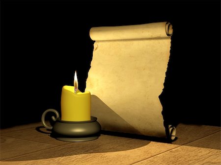 simsearch:614-01561575,k - Burning candle and the ancient manuscript - 3d Stock Photo - Budget Royalty-Free & Subscription, Code: 400-04122287