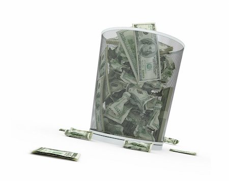 Garbage basket of complete money on a white background Stock Photo - Budget Royalty-Free & Subscription, Code: 400-04122309