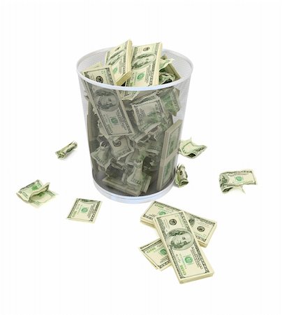 Garbage basket of complete money on a white background Stock Photo - Budget Royalty-Free & Subscription, Code: 400-04122310