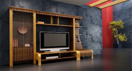 elegant tv room - 3d interior with modern bookshelf with TV Stock Photo - Budget Royalty-Free & Subscription, Code: 400-04122736
