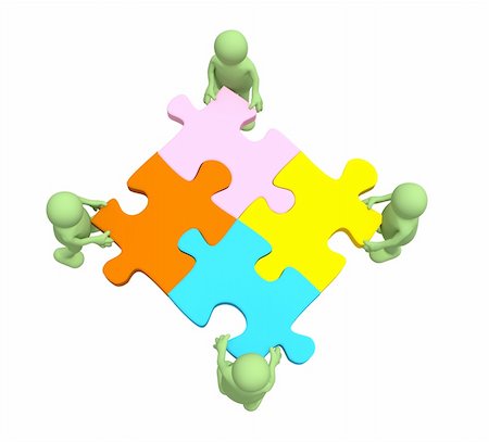 Four puppets, holding in hands a puzzle of multi color Stock Photo - Budget Royalty-Free & Subscription, Code: 400-04122836
