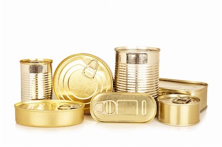 Assortment of golden food tin can reflected on white background Stock Photo - Budget Royalty-Free & Subscription, Code: 400-04122858