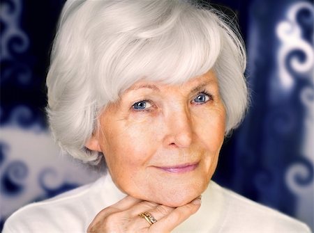 Senior woman portrait,  on  blue curly  background with white hair Fotografie stock - Microstock e Abbonamento, Codice: 400-04123169