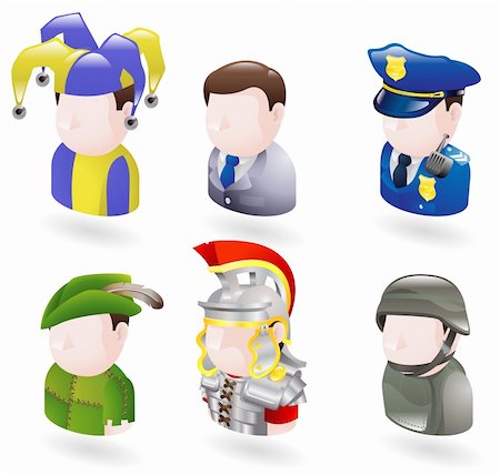 police cartoon characters - An avatar people web or internet icon set series. Includes a jester or joker, a businessman, a police officer or security guard, robinhood, a roman soldier and a modern soldier Stock Photo - Budget Royalty-Free & Subscription, Code: 400-04123362