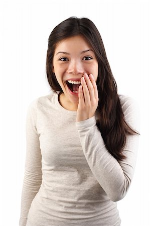 portrait screaming girl - Happy surprised excited woman holding the hand for her mouth in surprise. Isolated on white background. Stock Photo - Budget Royalty-Free & Subscription, Code: 400-04123674