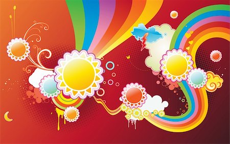 simsearch:400-07062285,k - Vector illustration of funky styled design background made of sun shapes, rainbow shapes and floral elements Foto de stock - Royalty-Free Super Valor e Assinatura, Número: 400-04123974