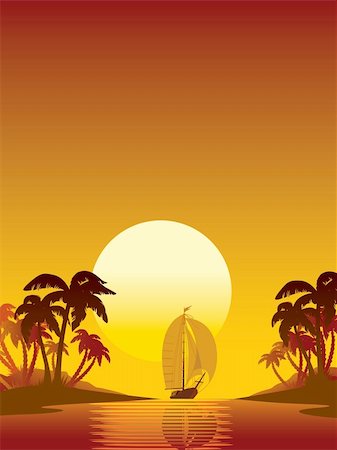 simsearch:400-04608337,k - Summer scene: sailing yacht, sunset and island with palms Stock Photo - Budget Royalty-Free & Subscription, Code: 400-04134629