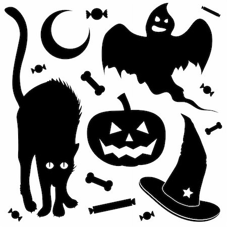 scary black cat - Halloween design elements silhouette set. Includes black cat, jack o lantern pumpkin, ghost, and witch's hat. Stock Photo - Budget Royalty-Free & Subscription, Code: 400-04135159