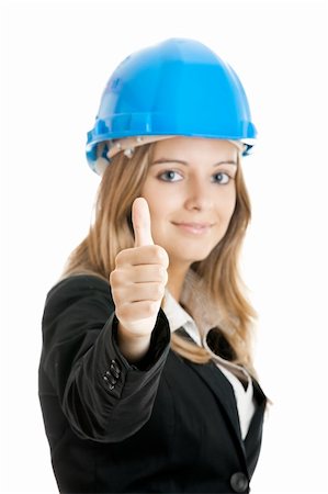 simsearch:400-06769983,k - Beautiful female architect with thumbs up isolated on white - Focus is on the Hand Foto de stock - Royalty-Free Super Valor e Assinatura, Número: 400-04135295