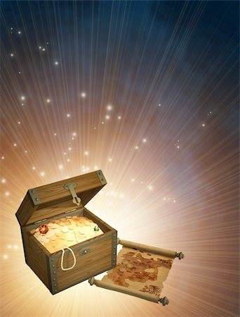 Wooden box with treasures and pirate map Stock Photo - Budget Royalty-Free & Subscription, Code: 400-04135674