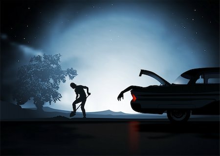 Under moonlight a man diggs a hole in the ground, His car is still running and the boot is open... Stock Photo - Budget Royalty-Free & Subscription, Code: 400-04135705