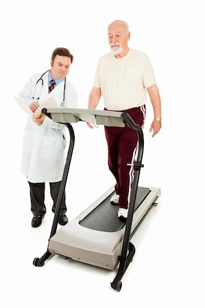 Doctor monitoring a senior man as he walks on a treadmill.  Full body isolated on white. Stock Photo - Budget Royalty-Free & Subscription, Code: 400-04136225