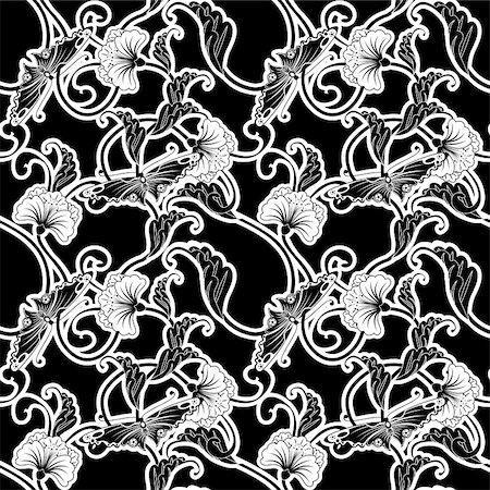 simsearch:400-08807079,k - Ornate black and white repeating seamless tile pattern of flowers and butterflies in a Japanese style Stock Photo - Budget Royalty-Free & Subscription, Code: 400-04136396