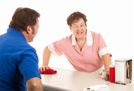 Friendly waitress winks at a customer as she wipes down the lunch counter. White background. Stock Photo - Budget Royalty-Free & Subscription, Code: 400-04136466