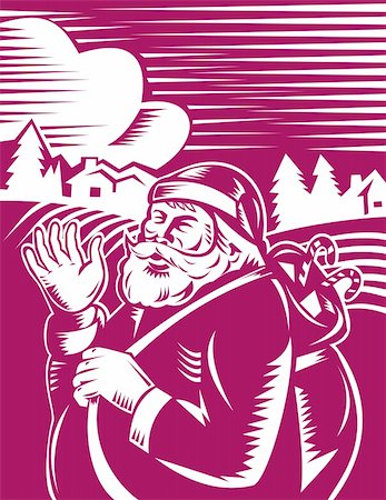Illustration of santa claus with nature landscape in the background woodcut style Stock Photo - Budget Royalty-Free & Subscription, Code: 400-04136604