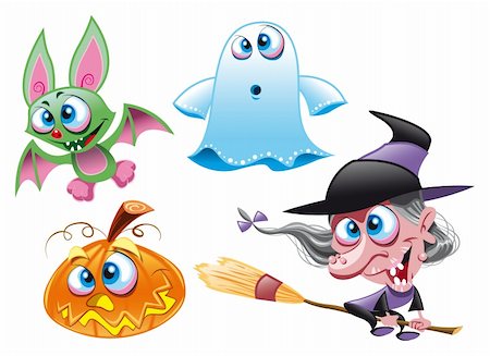 Vector Characters - Halloween - Witch, Ghost, Bat, Pumpkin. Cartoon and vector characters Stock Photo - Budget Royalty-Free & Subscription, Code: 400-04137847
