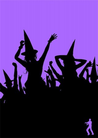 A witches party! Crowd of people dressed up for halloween. Zombie icon in the corner. Vector illustration. Stock Photo - Budget Royalty-Free & Subscription, Code: 400-04139834
